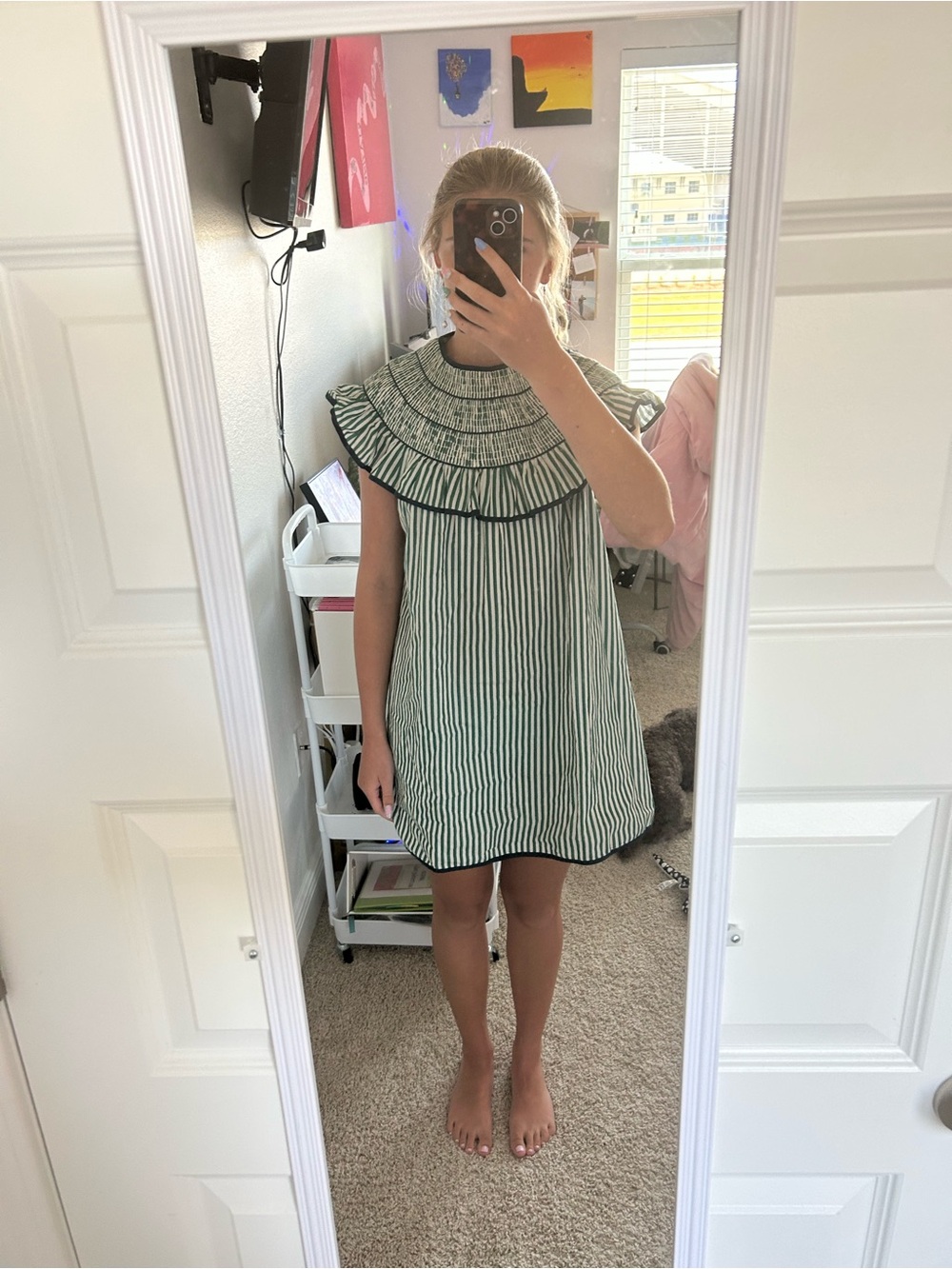 Boutique Womens Green and White Striped Ruffle Collar Dress - Picture 2 of 2
